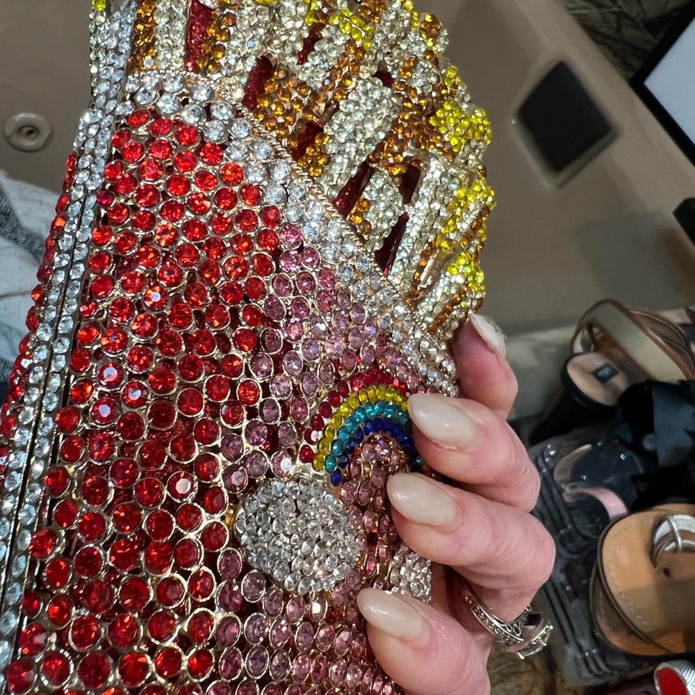 “Box of French Fries” 🍟 heavy crystal minaudiere clutch, red box with rainbow
